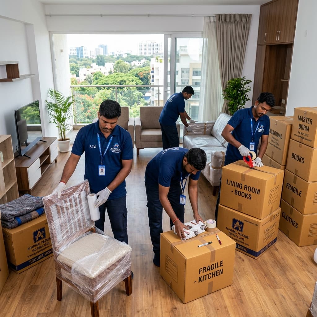 Movers packing household items in Bangalore apartment