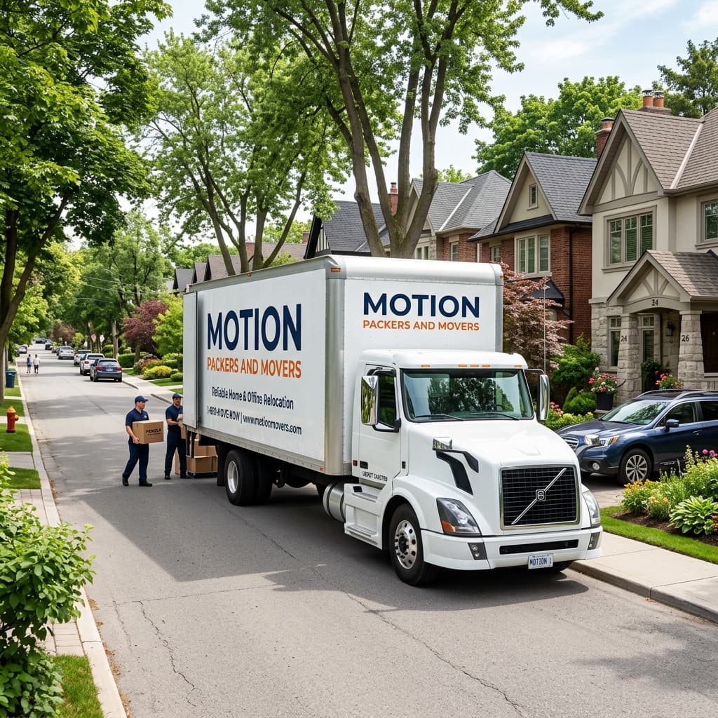 Clean moving truck parked near houses